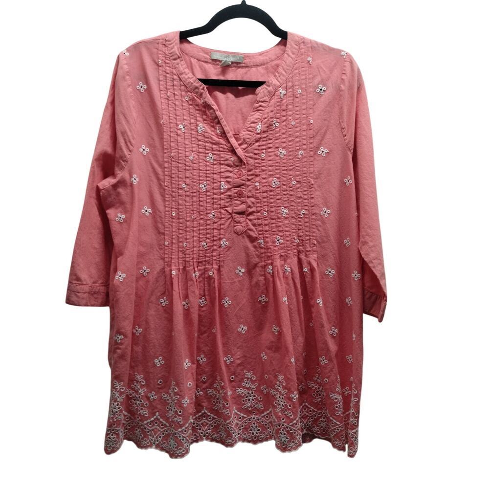 Woman Within Tunic Top Size 14/16 Salmon Pink Embroidered Floral Popover